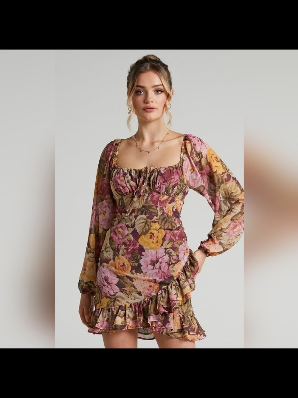 Showpo Pink & Mustard Floral Square-Neck Long Sleeve Ruffle Mini Dress Size 0